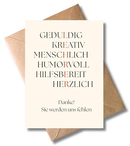 WBdesignz – Dankeskarte „LEHRER“ mit Umschlag – Wertschätzende Lehrer:innenkarte mit Akrostichon zum Abschied oder Schuljahresende (DIN A6)