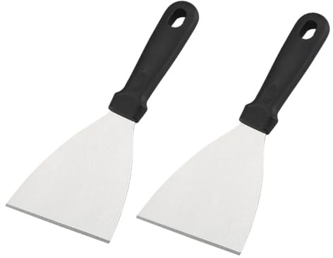 2Pcs Griddle Scraper Stainless Steel Slant Edge Grill Scrapers Comfortable Non-Slip Handles BBQ Spatula for Pancake Pizza,Burger, Steak, BBQ Accessories for Travel (Black Plastic Handle)