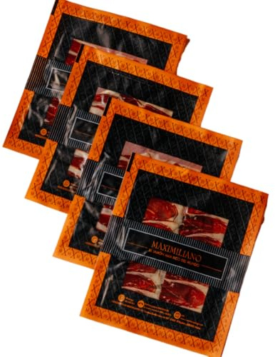 Maximiliano Jabugo - Jamón Bellota - Jamón 100% Ibérico - 32 Estuches 100 gr - Loncheado a Máquina - Exclusivo y Auténtico - Curación 36 Meses - Crianza en Libertad - Brida Negra