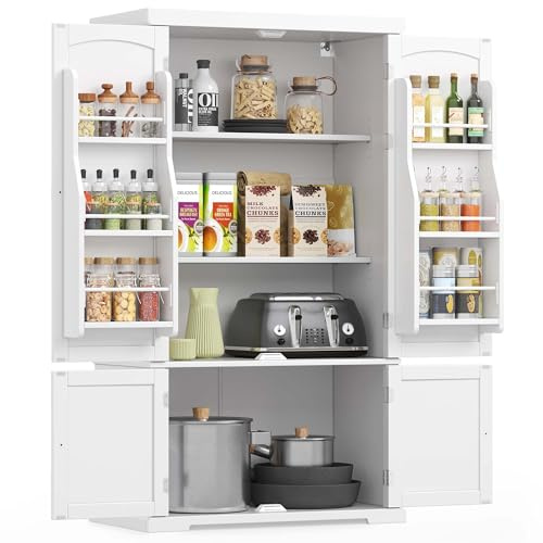 VASAGLE Küchenschrank, Schrank, Mehrzweckschrank freistehend, Ober- und Unterschrank, 4 verstellbare Ablagen, 6 Türfächer, für Wohnzimmer Küche, 40 x 76 x 135,8 cm, weiß BBC671W01