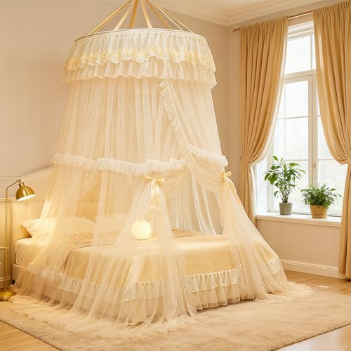 JAOGAUS Tenda Letto Bambini, Zanzariera in Pizzo Europeo, Baldacchino per Cameretta Bambini, Adatta per Letti da 1,2-2,2 Metri, Albicocca
