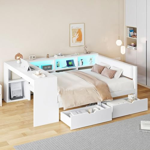 ZIDEY Holzbett Schlafsofa 140x200 mit LED, USB-Ladestation, Schreibtisch und Ablagefächern, Tagesbett mit 2 Schubladen und Lattenrost, Sofabett Funktionsbett Daybett, ohne Matratze, Weiß