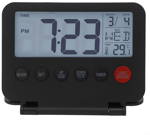Reisewecker, 1 Stück, kompaktes LCD-Display mit 12/24-Stunden-Format, Kalender und Temperatur, Hintergrundbeleuchtung und Schlummerfunktion, Wochenendmodus, für Reisen und Zuhause (schwarz)