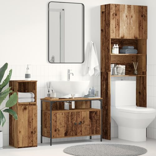 ZQQLVOO Mobile sottolavabo in legno anticato, 80 x 30 x 60 cm, con 3 vani portaoggetti, lavabo da bagno rustico in legno massiccio riciclato per riporre e ordinare