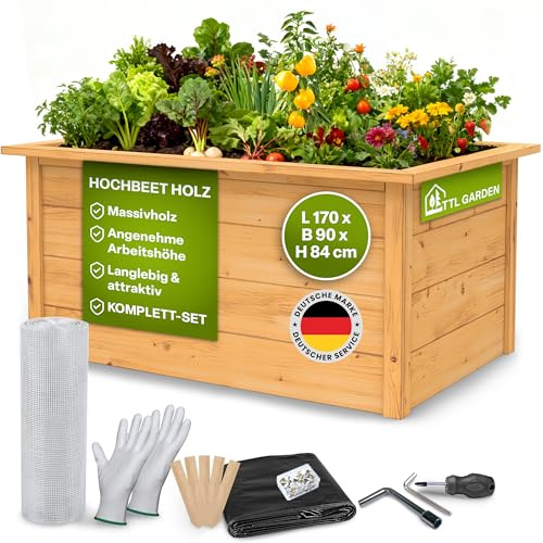 TTL GARDEN 170x90x84cm LARENA L Holz Hochbeet - Garten Hochbeet aus Holz | - Hochbeet Kit & Kräuterbeet Set Bausatz mit Wühlmausgitter Holzhochbeet wetterfest - für Gemüse Kräuter & Blumen - Braun