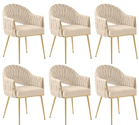 SUPPNEED Samt Esszimmerstühle 6er Set, Sessel Wohnzimmer, Stühle Esszimmer mit Armlehne, Küchenstühle mit handgeflochtenen Hochlehner, Schminktisch Stuhl mit Gold Beine, Balkonstuhl(6, Beige)