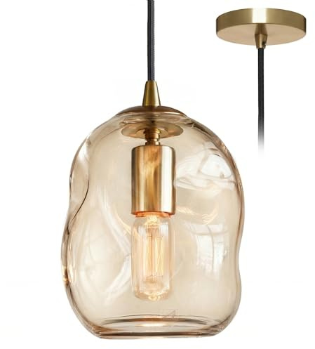 LFsem Amber Glass Pendant Light Vintage Brass E27 Hanging Ceiling Light | Industrial Ceiling Light for Kitchen Island Bedroom Dining & Living Room | Hand‑Blown Curved Glass Shade