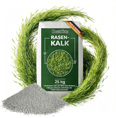 RasenHerz Rasenkalk 25 kg für dichten, grünen Rasen Rasenpflege, Bodenverbesserer, Nährstoffe, Diabas petigi