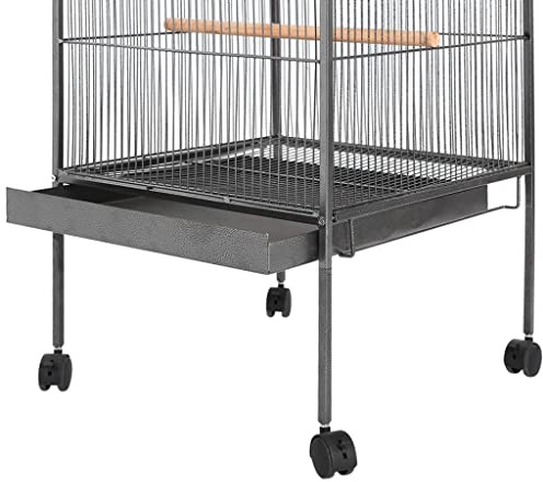 Vogelkäfig Voliere aus Stahl mit Holzstangen und Schublade 54x54x146 cm Schwarz mit Rollen für Zimmer, Balkon, Garten, ideal für Wellensittich, Kanarienvogel, Papagei, Nymphensittich