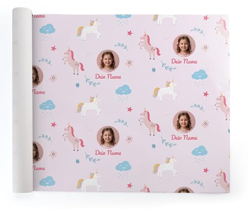 Ausgewählt verpackt Personalisiertes Kindergeschenkpapier auf Rolle – Geschenkpapier mit Foto & Name – individuelles Geschenkpapier für Kindergeburtstag mit Einhorn-Motiv - 0,47 cm x Wunschlänge