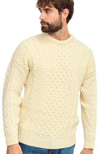 Aran Woollen Mills Suéter de Lana Irlandesa para Hombre 100% Lana Merino patrón de Punto Tradicional (Natural, M)