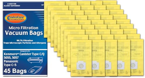 Envirocare Premium Replacement Multi-layer Micro Filtration Vacuum Bags Compatible with Kenmore Canister Vacuums Type C/Q. 5055, 50557 and 50558 Panasonic Type C-5, 45 pack