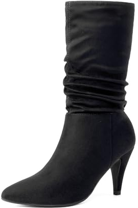 DREAM PAIRS Women's High Heel Mid Calf Boots Slouchy Pointed Toe Fall Boots,Size 9,Black/Suede,KIMLY