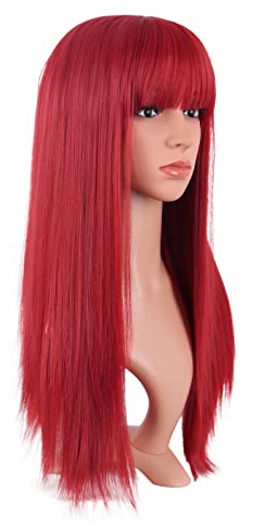 MapofBeauty 24 Inch Women Long Straight Flat Bangs Party Cosplay Wig (Red)