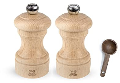 Peugeot Bistro Manual Salt & Pepper Mill, Natural Wood 10 cm - 4in - With Wooden Spice Scoop