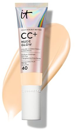 IT Cosmetics CC+ Nude Glow (Fair) - Medium Coverage Foundation with SPF 40 & Brightening Glow Serum, Lightweight Skin Tint, 2% Niacinamide + Hyaluronic Acid, Up to 24H Hydration - 1.08 fl oz