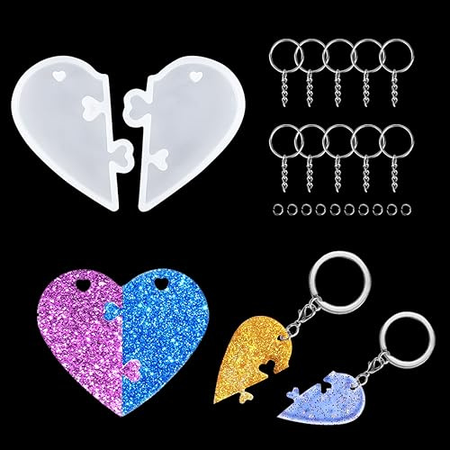 Zayookey Moule de Résine Puzzle Moulle Silicone Porte-clés en Forme de Coeur Epoxy Moulle Coulée Pendentif DIY Keychain Resin Mold avec 10 Chaîne à Anneau Clé (Forme de Coeur)
