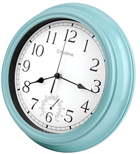 Horloge d'extérieur étanche de 30,5 cm avec thermomètre, horloges murales vintage d'intérieur et d'extérieur pour terrasse, piscine, jardin, décoration d'intérieur - Bleu sarcelle