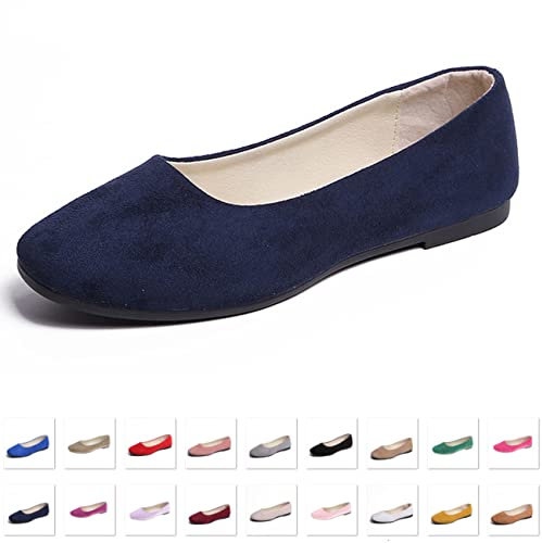 Hwalleum Women's Casual Square Toe Ballet Flats Ladies Stylish Slip On Ballerina Flats Girls Fashionable Solid Color Ballet Pumps Dolly Shoes Womens Comfy Office Driving Flat Shoes Loafers Navy Blue