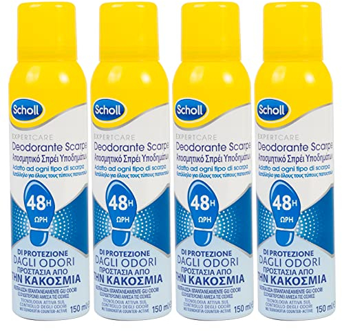Scholl ExpertCare Deodorante Scarpe Spray Antiodore 48h con Profumo Fresco e Leggero Contro i Cattivi Odori per Tutti i Tipi di Scarpe Anfibi o Stivali Non Lascia Aloni o Residui - 4 Flaconi da 150ml