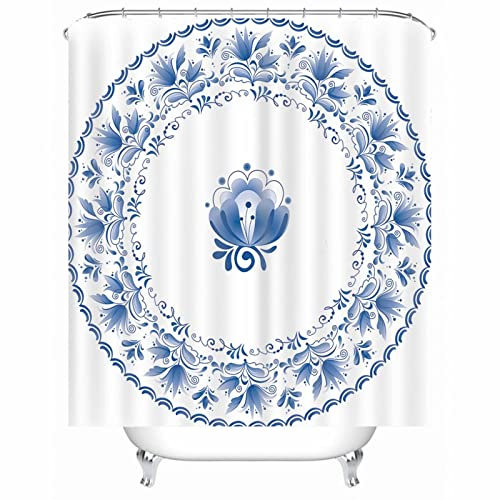 EHOMERY Duschvorhang Textil Duschrollo Ersatzrolle Blumen-Kreis-Muster Polyester Weiß Rostfreie Ösen Und 12 Hakenringe, 180X180Cm