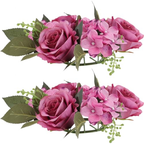 Alipis 2 Stücke Kerzenkranz Künstlicher Blumenkranz Rose Kranz Kerzenringe Dekokranz Frühlingskranz Künstliche Blumen Kerzenhalter für Hochzeit Party Frühling Tischdeko