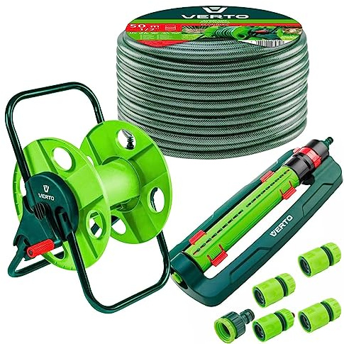 VERTO Schlauchtrommel + Gartenschlauch 50m + Oszillierender Sprinkler + 3 x Schlauchverbinder, Wasserstop, Hahnverbinder - Gartenbewässerung Komplettes Starterset Grün