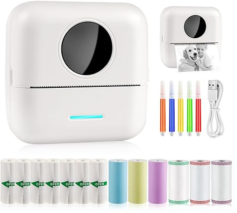 GuKKK Mini Drucker, Mobiler Fotodrucker, Tragbarer, Wireless Thermodrucker, mit 13 Rollen Druckerpapie und 5 Buntstifte, für Lernhilfe,Lernnotizen,Journal,Notizen,Liste