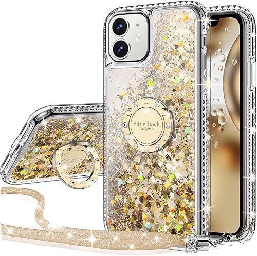 Miss Arts for iPhone 11 Case, Glitter Case with Stand & Lanyard. | Liquid Holographic Sparkly Glitter Case, Women Girls Bling Diamond Ring Shockproof Protective Cover- Gold