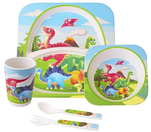 Qshare Bamboo Toddler Dinnerware Set,5Pcs Baby Plates and Bowls,Bamboo Kids Plates and Bowls Set,Kids Dishes Dinnerware Sets with Plate,Bowl,Cup,Fork and Spoon (Tyrannosaurus)