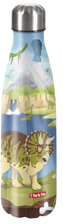 Step by Step Isolierte Edelstahltrinkflasche „Dino Tres blau - grün, für kohlensäurehaltige Getränke, auslaufsicher mit Schraubverschluss, 100% recycelbar, für Schule und Freizeit, 0,5 Liter