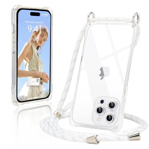 Ethanger Handyband für iPhone 15 Pro Hülle mit Band Durchsichtig Silikon Handyhülle zum Umhängen Kordel Abnehmbar Necklace Transparent Case Stoßfest Schutzhülle für iPhone 15 Pro Transparent