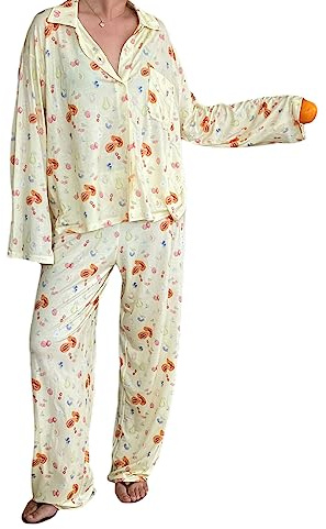 Damen 2 Stück Pyjama Set Cute Fruit Floral Printed Shirt Pant Sets Holiday Loungewear Nightwear