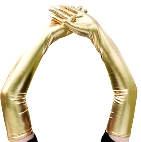 Yurosiay Damen Lang Handschuhe Glänzende Lackleder Handschuhe Elastische Ellenbogen Handschuhe Mode Sexy Handschuhe Metallic Tanzhandschuhe Lang Opernhandschuhe Abendhandschuhe 54cm Gold