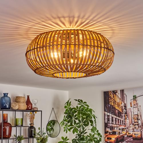 HOFSTEIN Deckenleuchte Oravi, Deckenlampe aus Metall/Bambus in Schwarz/Natur, Leuchte im Boho/skandinavischen-Design mit tollem Lichteffekt, Ø 50 cm, 3 x E27, Wohnzimmer, Esszimmer, Schlafzimmer