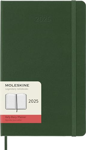 Moleskine Daily Planner, Agenda Giornaliera 12 Mesi 2025, Copertina Rigida e Chiusura Elastica, Colore Verde Mirto, Formato Large 13x21 cm