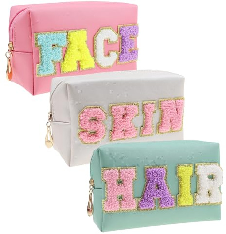 3 Stück Kosmetiktasche, Preppy Patch Reise-Kosmetiktasche mit Reißverschluss, Nylon PU Leder Damen Make up Tasche Wasserdicht