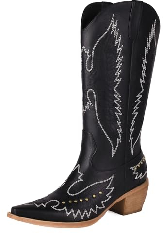 NeelyRisey Damen Klassische Cowboystiefel Pull on Bestickte Cowgirl Stiefel Mittelhoher Absatzs Schwarz Westernstiefel Nieten Cowgirl Stiefel Mid Calf Schwarz 41