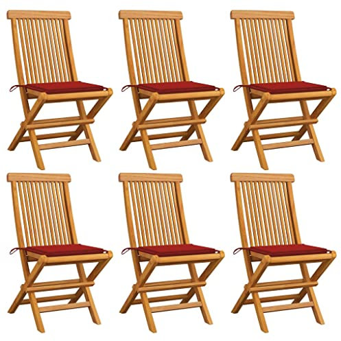 Youuihom Lounge-Stuhl Stühle für den Rasen Esstischstuhl für draußen Gartenstühle mit Roten Kissen 6 STK. Massivholz Teak Geeignet für Terrasse, Rasen, Veranda, Garten, Hinterhof, Pool