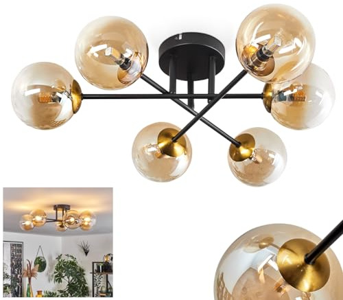 HOFSTEIN Deckenleuchte Chehalis, 6-flammige Deckenlampe aus Metall/Glas in Schwarz/Gold/Bernstein/Klar, Leuchte im Retro/Vintage-Design, Ø Schirme 12 cm, G9, Esszimmer, Schlafzimmer, Wohnzimmer, Küche