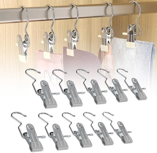 Space-Saving Clothespin 10 PCS Hat Pants Storage Hanging Travel Hook, Stainless Steel Boot Hangers Clips Boot Hangers for Closet, Laundry Hooks Hanging Clips Clothes Pins Socks Towel Clips (Grey)
