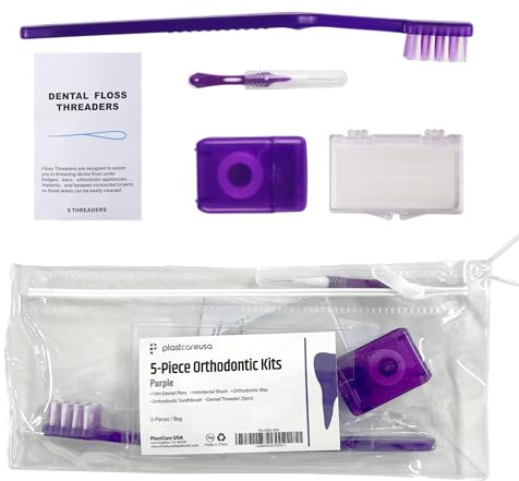 Kit ortodontico viola per la cura dei denti, set completo per la pulizia dei denti, con spazzolino da denti, cera, filo interdentale, staffe, igiene orale essenziale per ortodonzia e manutenzione