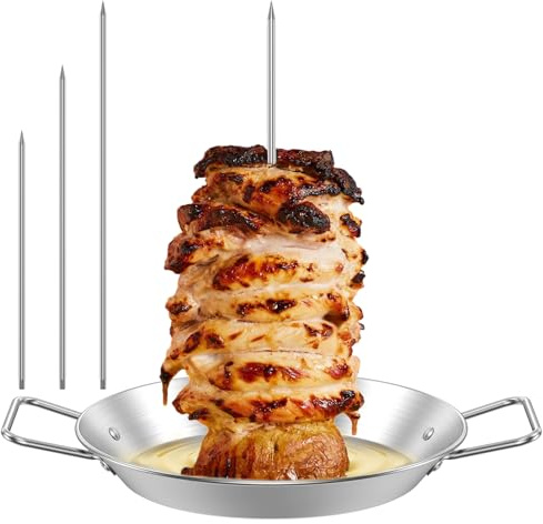 Alongen BBQ Vertical Skewer, Stainless Steel Barbecue Spit Grill Rack Stand with 3 Removable Spikes and Handle for Whole Chicken, Fish, Sausage, Steak