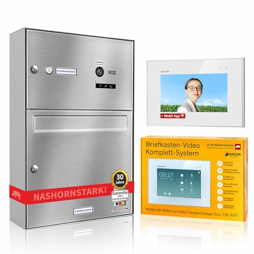 AL Briefkastensysteme Smart Home Briefkasten mit Videosprechanlage 1 Familienhaus Komplettsystem Balter EVO 7+WiFi - Briefkasten Edelstahl V2A Aufputz Wandmontage Monitor Kamera mit App Überwachung