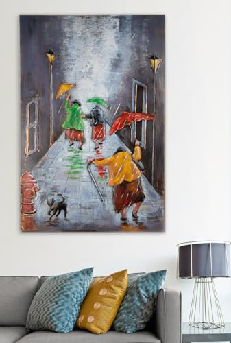 Casablanca Deko Bild Wandbild Wohnzimmer groß - Metallbild 3D Optik - Motiv: tanzende Frauen mit Regenschirmen - rechteckig handgefertigt - Grau bunt 80 x 120 cm
