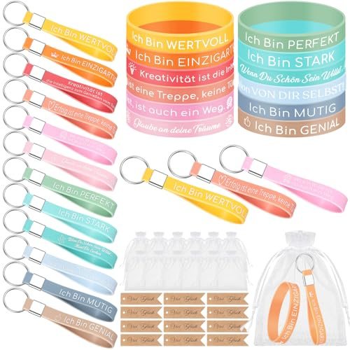 Xinnun 12 Motivation Geschenkset Motivationsarmbänder mit Sprüchen Kinder Inspirierenden Silikon Schlüsselanhänger mit Etikett und Netzbeutel Geschenk zum Weihnachten, Geburtstag Mitgebsel