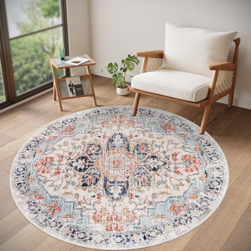 Homcomodar Tapis rond vintage avec envers antidérapant et lavable pour chambre à coucher, salon, chambre d'enfant, chambre d'enfant - Bleu - 120 cm