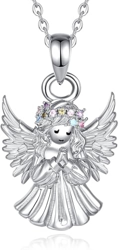 EUDORA S925 Sterling Silver Guardian Angel Necklace for Women with Cubic Zirconia, Cute Angel Wing Pendant Amulet Christian Jewelry Original Gifts for Women Wife Daughter Mother, 18