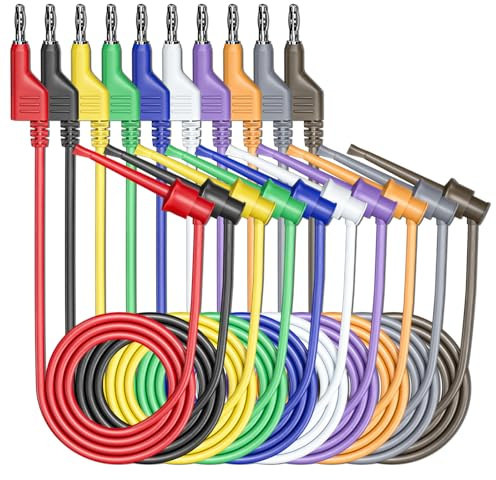 Cleqee 10PCS 4mm Banana Plug to Test Hook Clip Test Leads 10 Colours | Stackable Banana Plug, Soft Cables, 500V 5A, For Multimeter Electric Testing