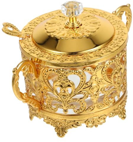 OKUMEYR Tarro y Vidrio Relieve de Aleación de Zinc Dorado para Condimentos | Azucarero y Salero, Limpieza Fácil y Resistencia al Calor, Pulido Suave para Cocina y Restaurante